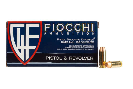 Fiocchi 180gr 10mm Auto ammo with full metal truncated cone bullets, 50-rounds per box.